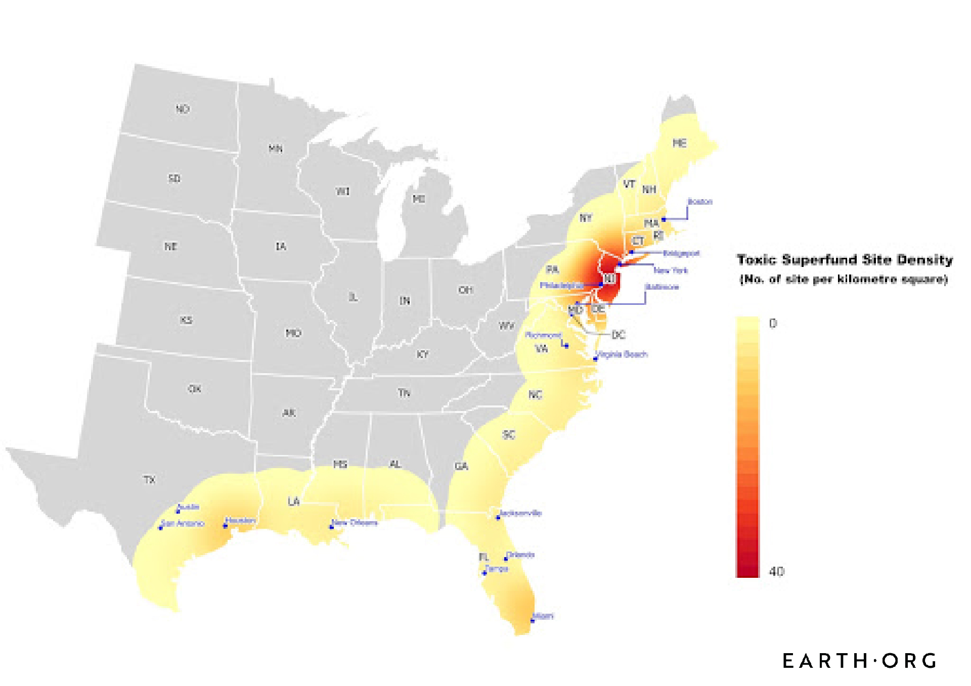 Toxic superfund site density concentration locations USA