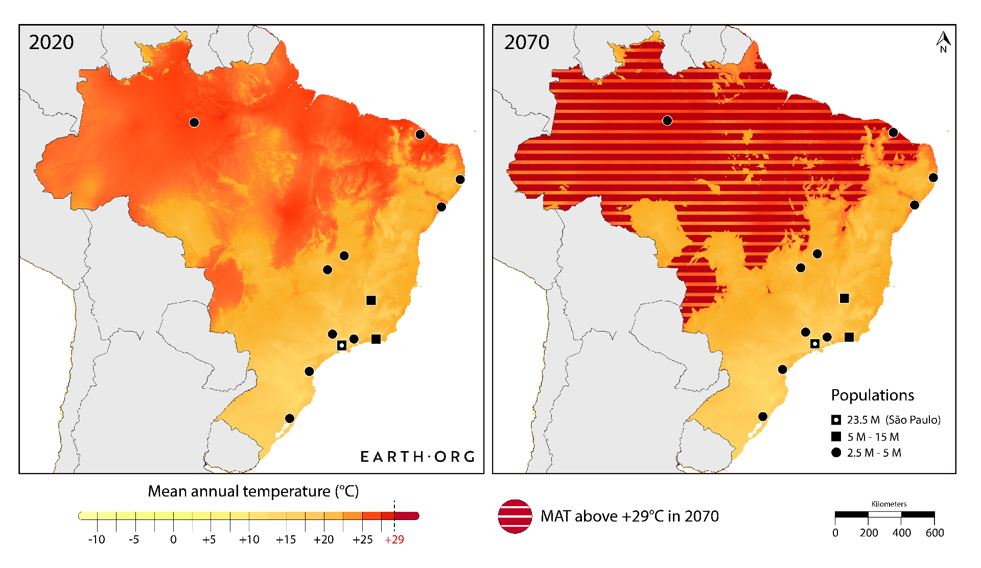 extreme heat Brazil map 2070
