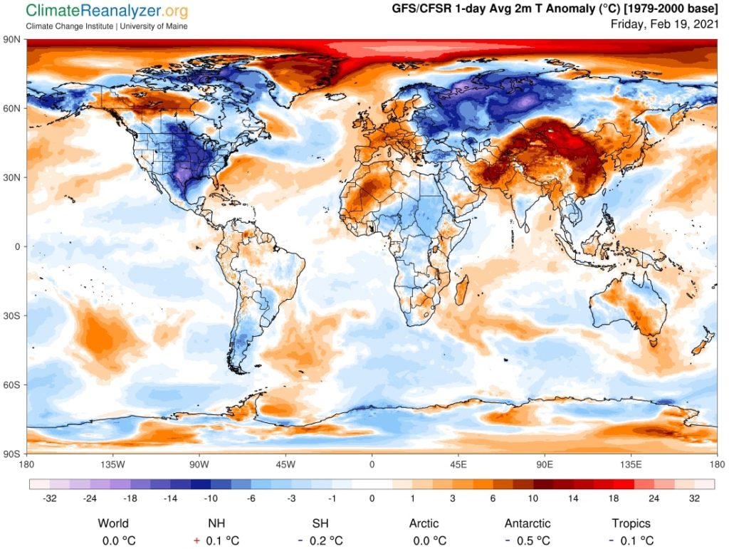 climate reanalyzer 2 meter temperature anomaly 19 february 2021