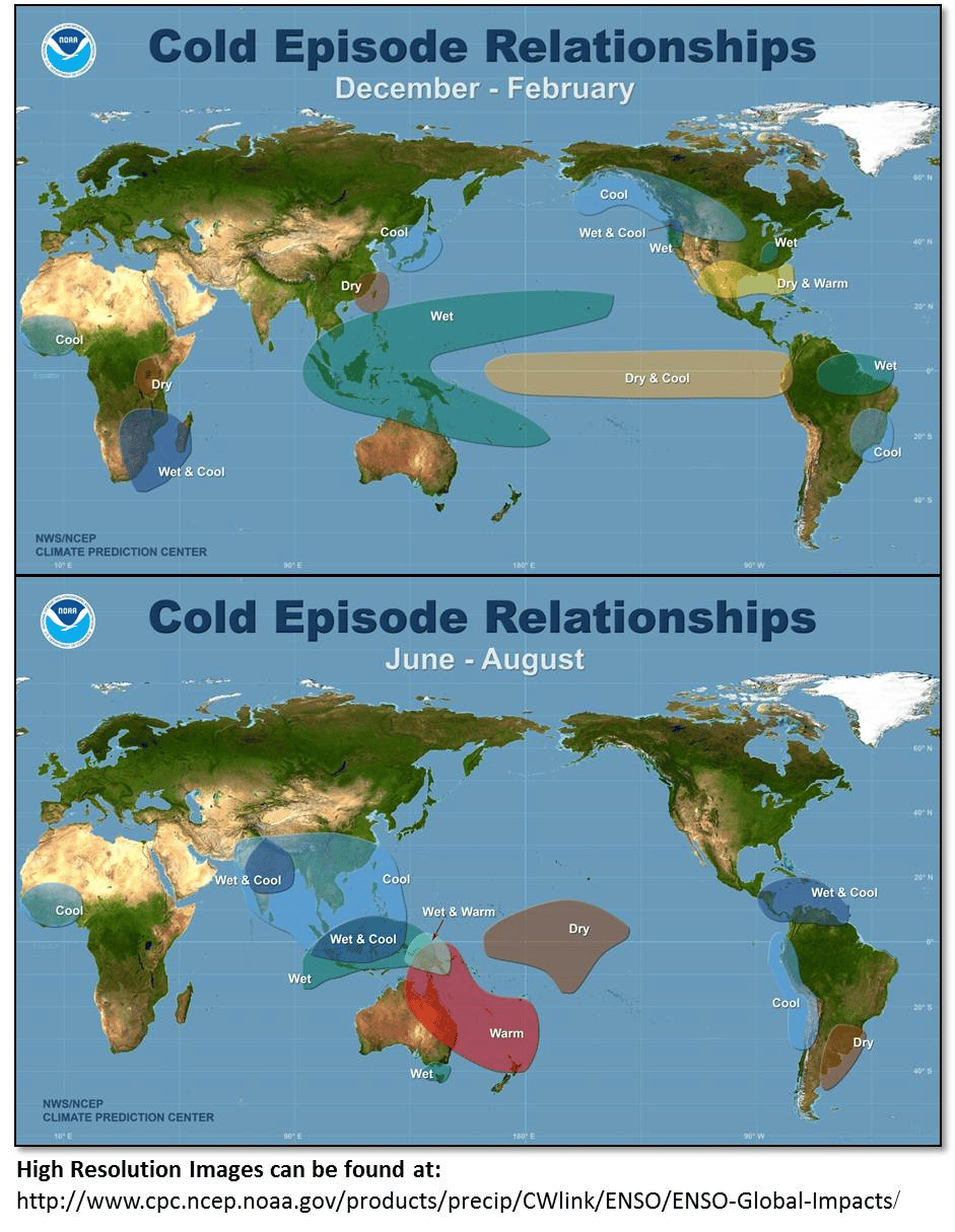 La Niña globally influences weather and sea surface temperatures. This figure depicts how La Niña brings more or less rainfall and cooler or warmer temperatures depending on where you are located. Photo retrieved from NOAA & National Weather Service.