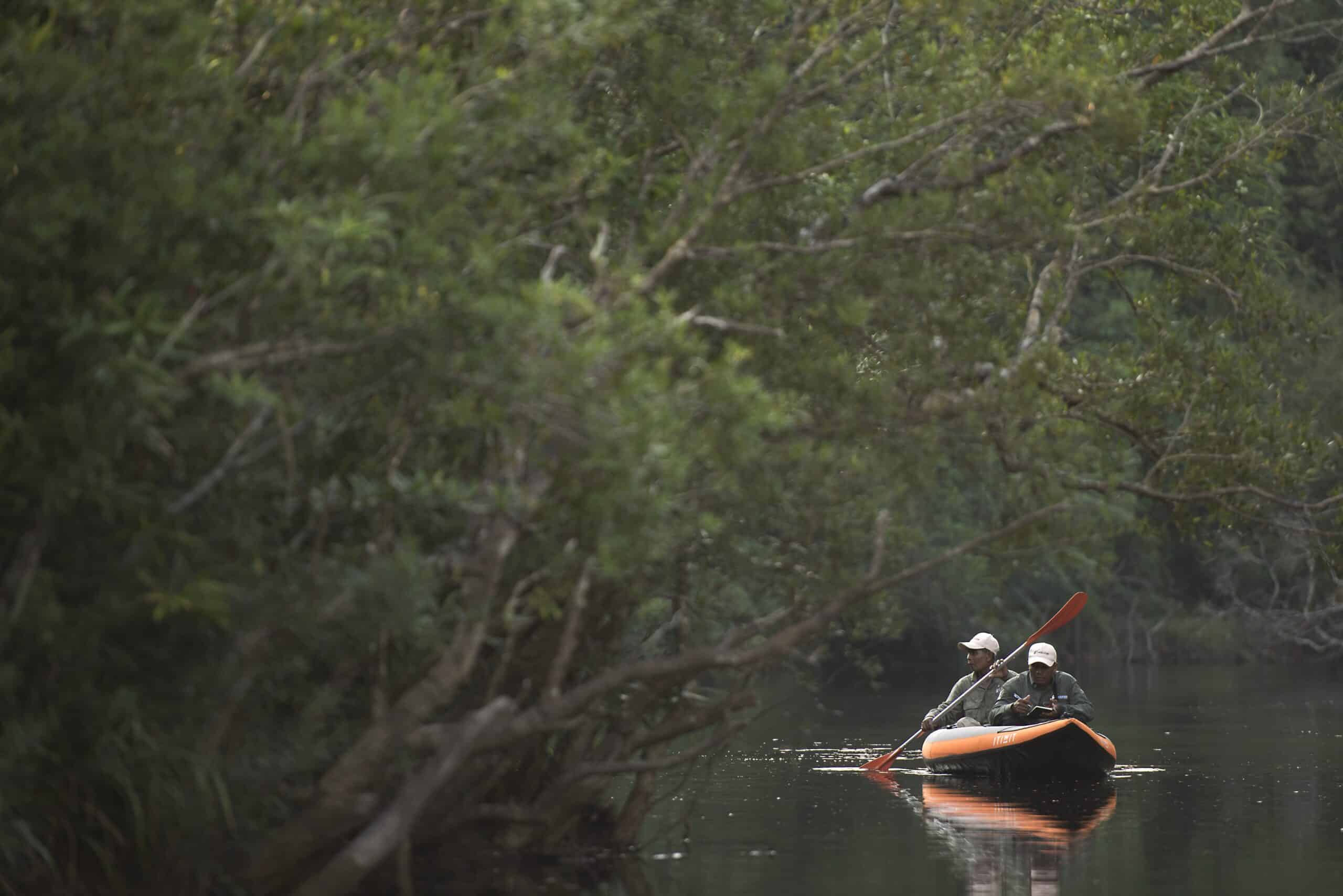 A boat survey along the river at Chhay Reap in March 2022 (photograph by Jeremy Holden for Flora and Fauna International).
