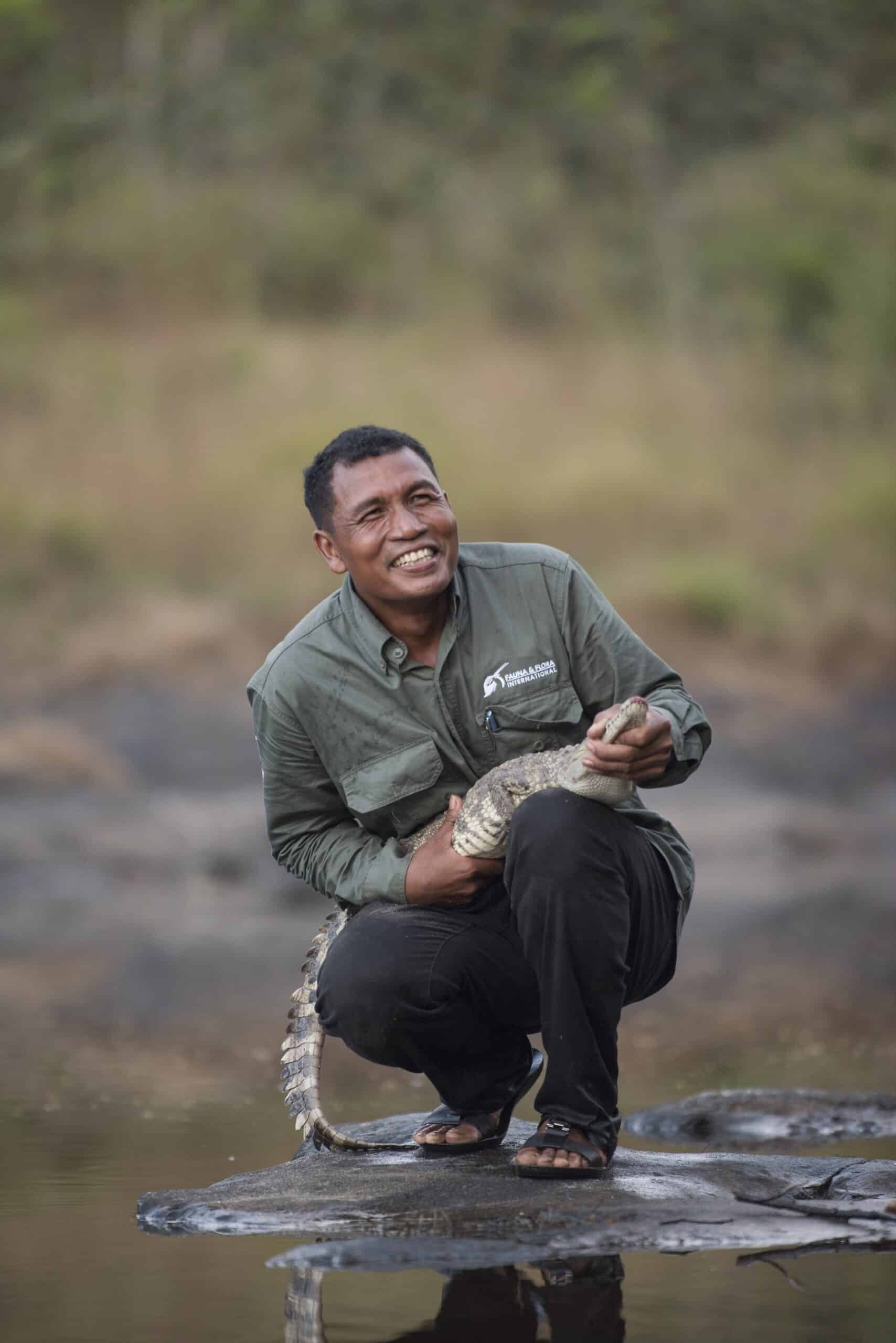 Head Warden, Sim Khmao releasing a Siamese crocodile at Chhay Reap, Cambodia (photograph by Jeremy Holden for Flora and Fauna International).