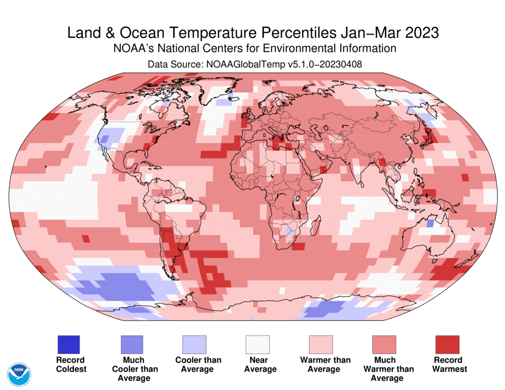 land and ocean temperatures January–March 2023. NOAA
