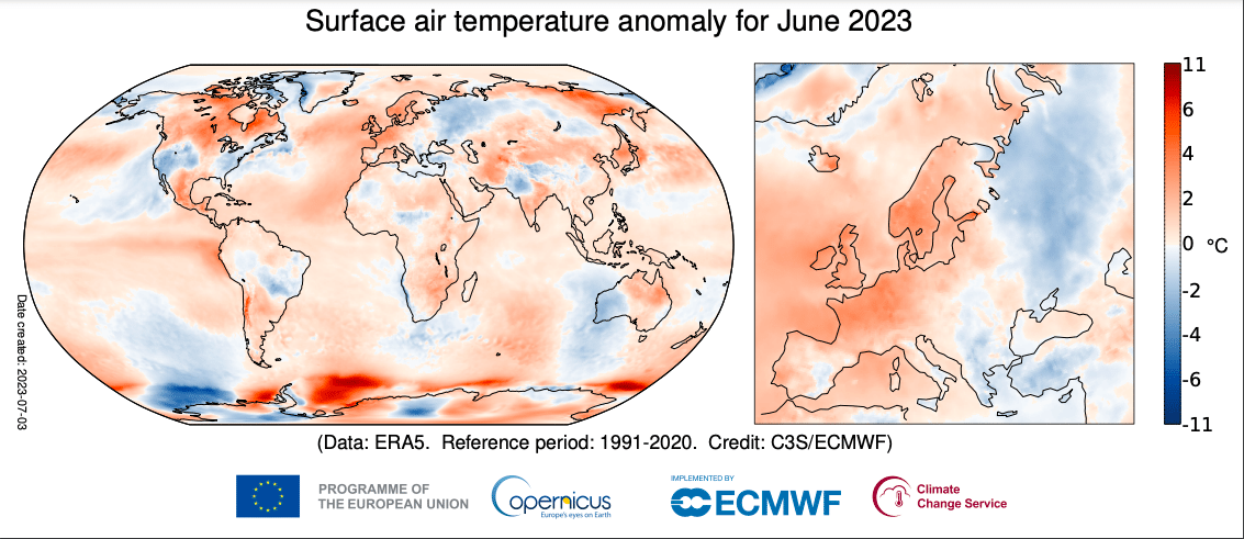 surface air temperature anomaly for June 2023; copernicus; june was the hottest month ever recorded