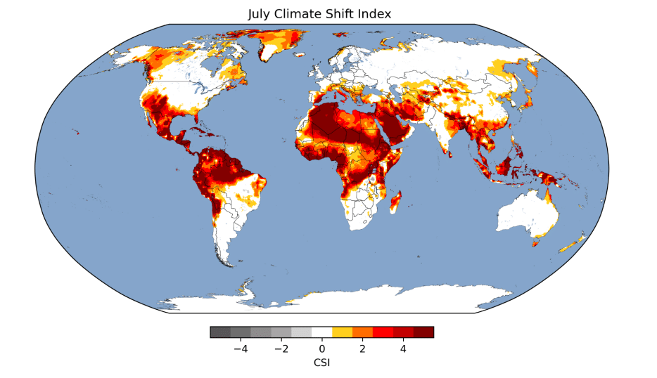 Daily average temperature Climate Shift Index (CSI) averaged over July 1-31, 2023. The CSI has 11 levels indicating how climate change has altered the frequency of daily high, low, and average temperatures at a given location. For example, CSI Level 3 indicates that human-caused climate change made temperatures at least three times more likely. Image: Climate Central.