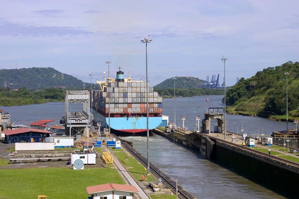 shipping cargo crossing the panama canal; panama canal drought