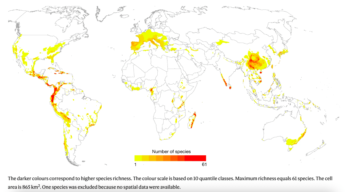 The distribution of 2,873 globally threatened amphibian species. Image: Nature.