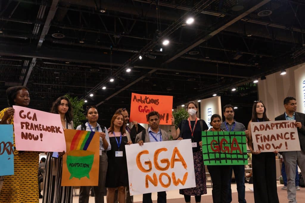 GGA; global adaptation goal demonstration at cop28. Photo: UNclimatechange/Flickr https://www.flickr.com/photos/unfccc/53392309211/in/photostream/