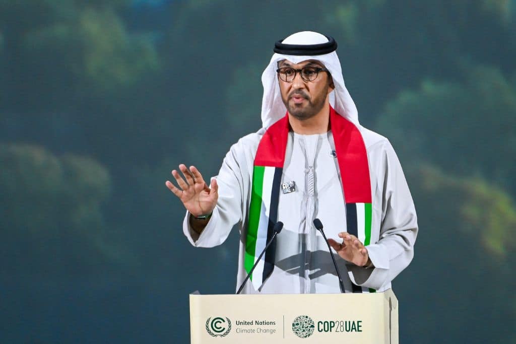 Sultan Al Jaber speaking at COP28. Photo: UNclimatechange/Flickr https://www.flickr.com/photos/unfccc/53370641691/
