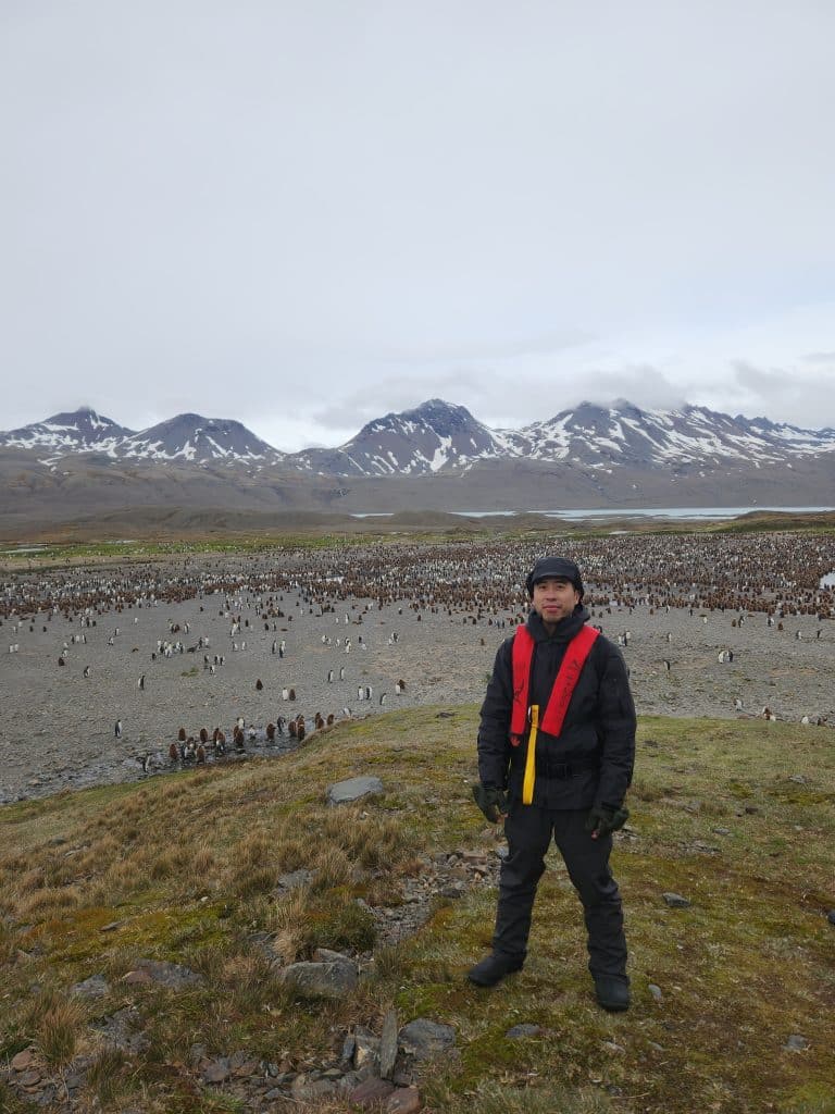 Edwin Lee at the Fortuna Bay penguin colony in South Georgia on November 16, 2023.