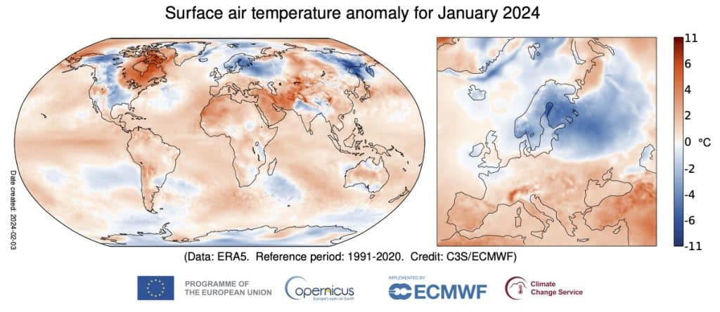 Surface air temperature anomaly for January 2024.