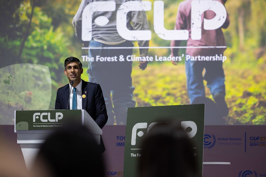 UK Prime Minister Rishi Sunak addresses a UK-chaired 'Forest and Climate Leaders Summit' event at COP27