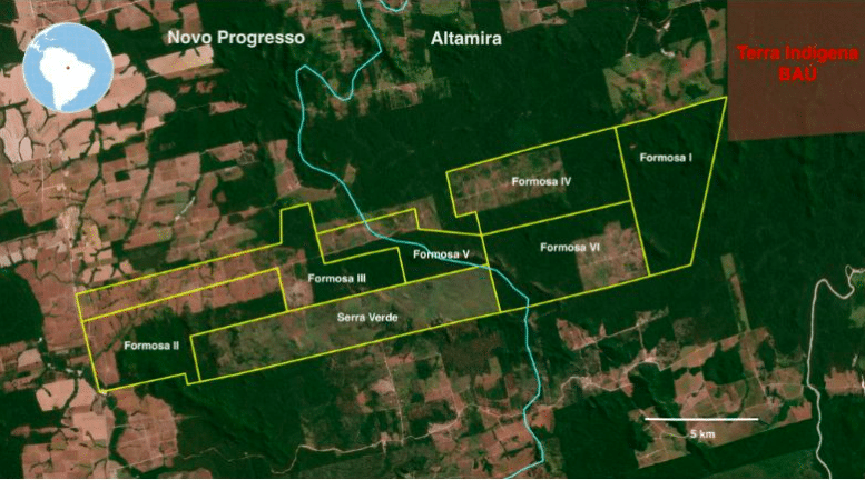 Although they are registered under the names of different relatives, INCRA and IBAMA attribute all the properties above to Bruno Heller, claimed to be the mastermind behind a land grabbing scheme. Image courtesy of Hyury Potter/Repórter Brasil; data from Planet Explore, CAR do Pará and Qgis from August 2023.
