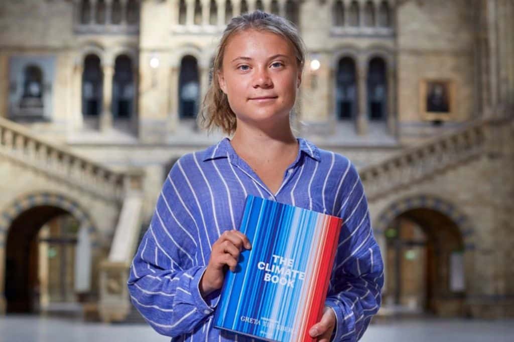 Teenage climate activist Greta Thunberg emblazoned the climate stripes across ‘The Climate Book’, her handbook for ways to change the world.