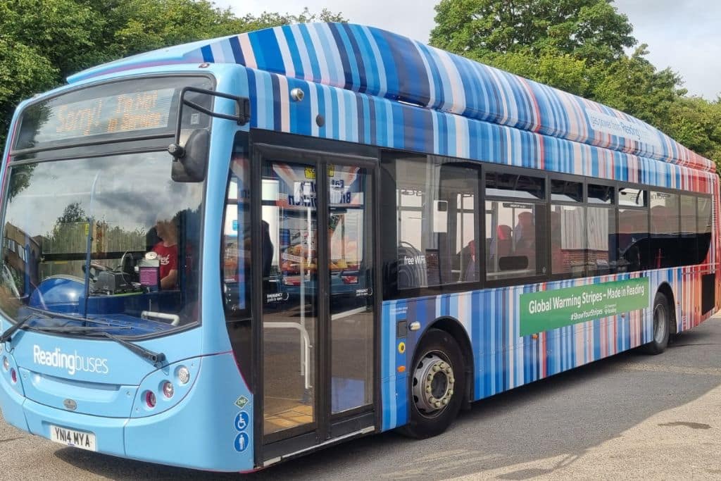 The climate stripes adorn a gas-powered Reading Buses bus, launched in July 2022. Other modes of transport have also been adapted to feature the stripes, including a food delivery truck, a Tesla car and an all-terrain bicycle.