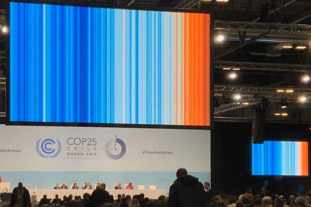 The warming stripes on display at the UN COP25 conference in Madrid in 2019.