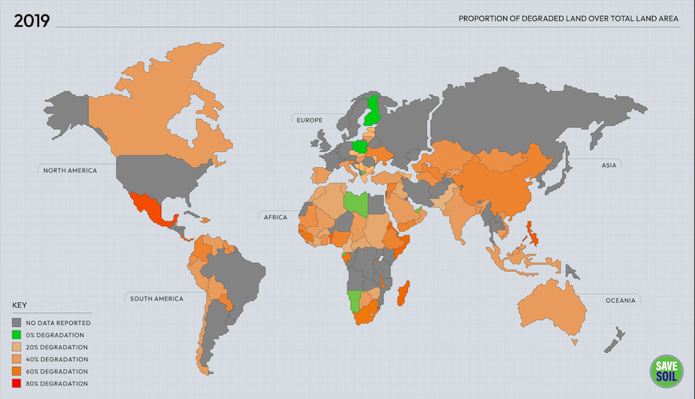 Map by the United Nations Convention to Combat Desertification of the proportion of degraded land over total land area in 2019.