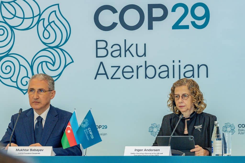 UN Environment Programme Executive Director Inger Andersen and H.E. Mukhtar Babayev the COP29 President-Designate address the press and answer questions regarding the upcoming COP29 Conference happening in Baku, Azerbaijan.